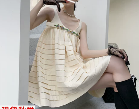 重工条纹镶钻复古小个子蓬蓬裙仙女夏法式温柔...