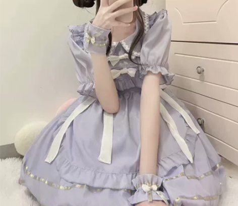 一套小熊猫lolita奶油花花紫色均码花苞...