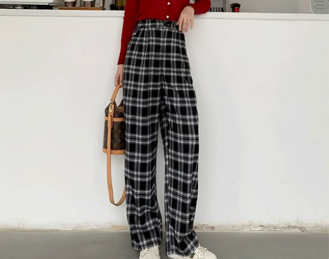 复古格子阔腿裤女2020秋冬厚款高腰港味宽...