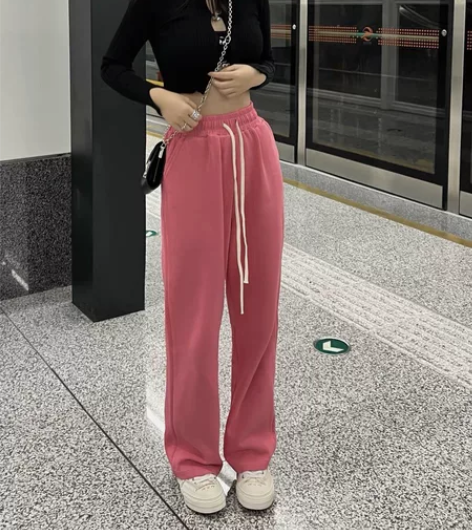 LANAINV粉红色抽绳运动裤女阔腿直筒裤...