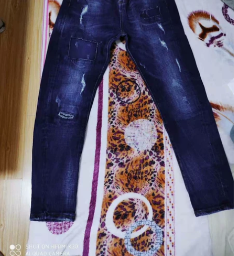 深蓝牛仔磨破铅笔裤 萝卜裤 130斤内好穿...