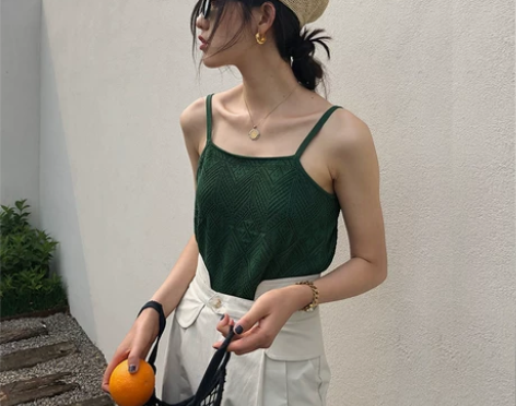 StudioFun双层钩花针织吊带背心女夏...