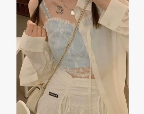 ?財哥不熬夜蓝色蕾丝吊带背心辣妹上衣女夏季...