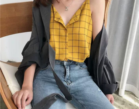 chic雪纺格子小吊带背心女夏外穿宽松无袖...