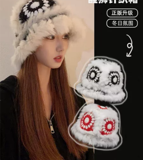 新年红色兔毛醒狮国潮毛线帽子女秋冬可爱毛绒...