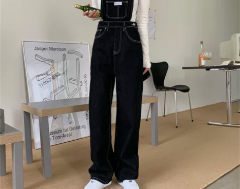 春季黑色直筒宽松背带长裤女装秋冬显瘦牛仔裤...