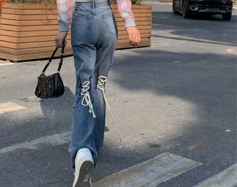 少女凯拉 绑带拖地牛仔裤女秋冬新款高腰显瘦...