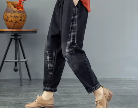 黑色牛仔裤女宽松高腰复古哈伦裤九分裤老爹裤...