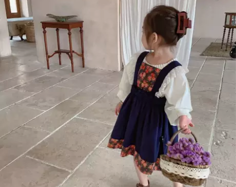 小女孩2021秋季新品田园风百搭蕾丝边花朵...