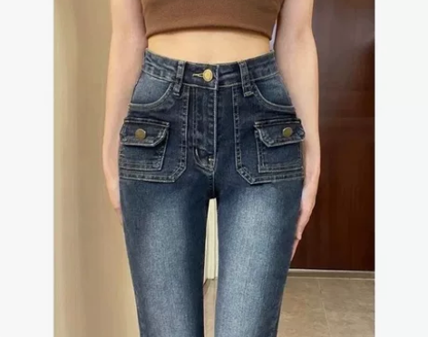 复古蓝高腰喇叭裤秋冬微喇牛仔裤女弹力修身显...