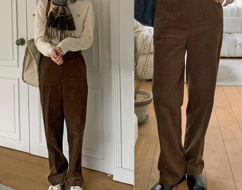 韩国代购  高腰直筒 显腿长 灯芯绒休闲裤...