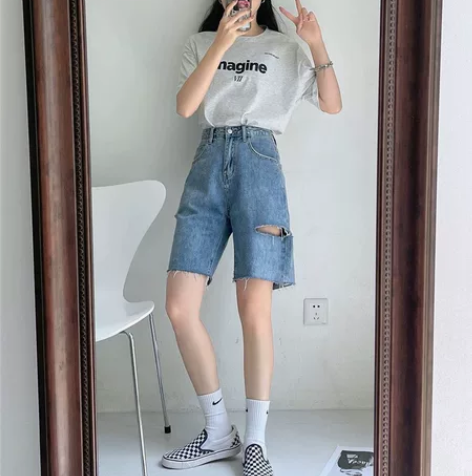 柔软毛边破洞牛仔短裤女宽松高腰显瘦阔腿五分...