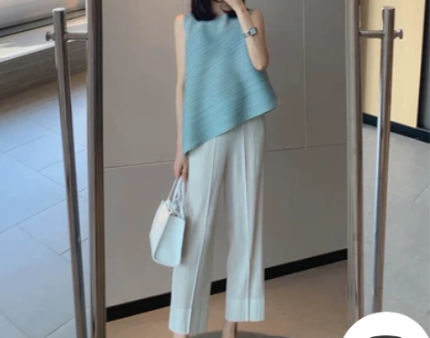 三宅褶皱裤 西装裤九分裤春夏薄款 百褶裤休...