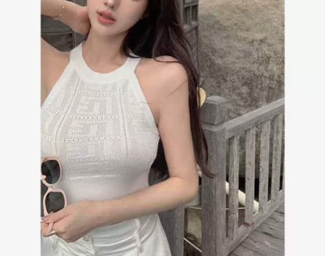 挂脖白色修身背心内搭外穿无袖短款运动吊带打...