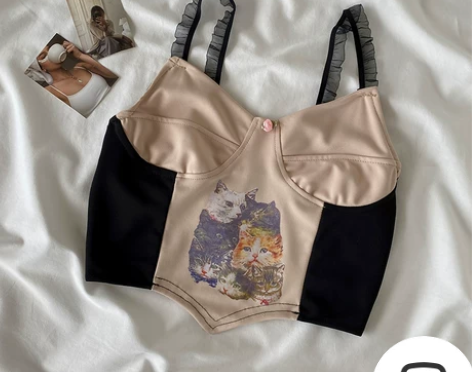 复古欧美ins辣妹猫咪印花小吊带背心女夏季...