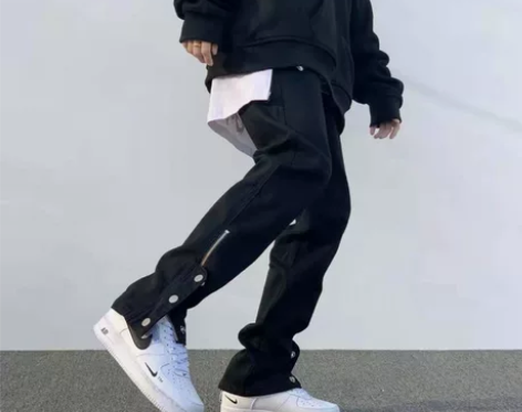 欧美vibe风黑色高街裤子排扣设计感潮牌牛...