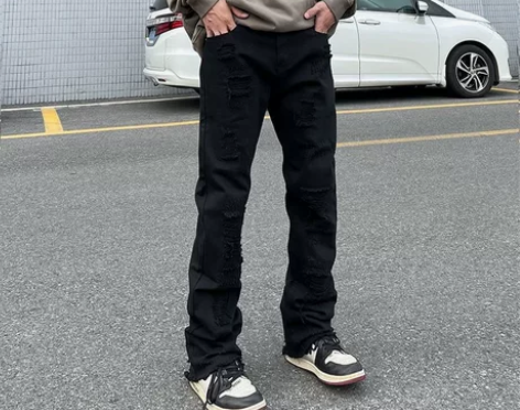 美式高街vintage毛边假破洞牛仔裤男潮...