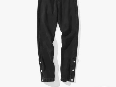 高街设计感黑色牛仔裤潮牌排扣宽松美式hip...