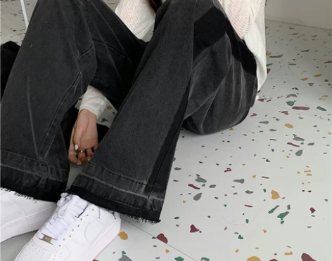 黑色牛仔裤女条纹设计感高腰显瘦宽松拖地垂感...