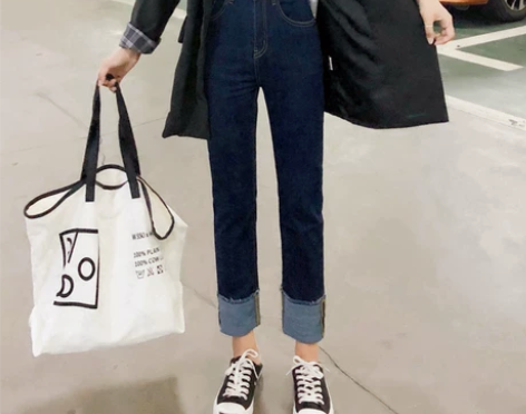 【狂欢价】高腰卷翻边加绒直筒裤秋冬显瘦韩版...