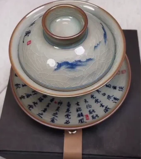 景德镇青花老陶泥盖碗三才碗 老虎三才盖碗，...