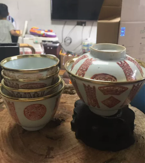 老盖碗茶碗茶盏老茶杯老杯子压手杯粉彩青花清...