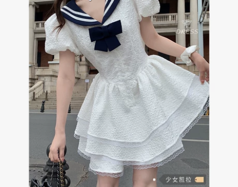 法式泡泡袖海军领连衣裙女装夏季新款蝴蝶结蓬...