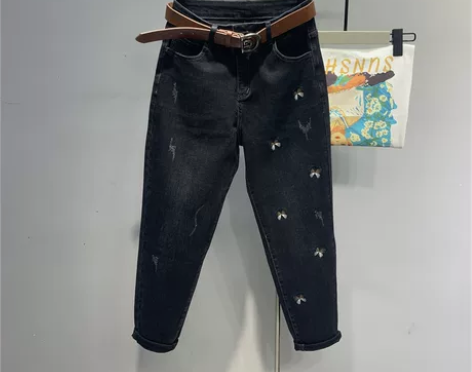 长裤裤子欧洲站新款黑色蝴蝶刺绣牛仔宽松高腰...