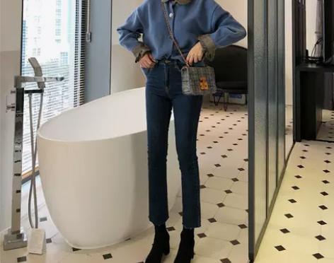 深蓝高腰直筒牛仔裤女九分加绒加厚小个子八分...