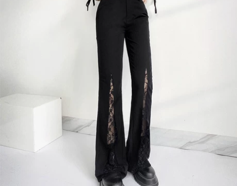 设计感黑色蕾丝拼接微喇运动休闲裤女高腰宽松...