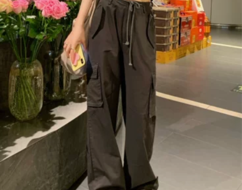 kumikumi复古抽绳工装裤高腰休闲裤女...