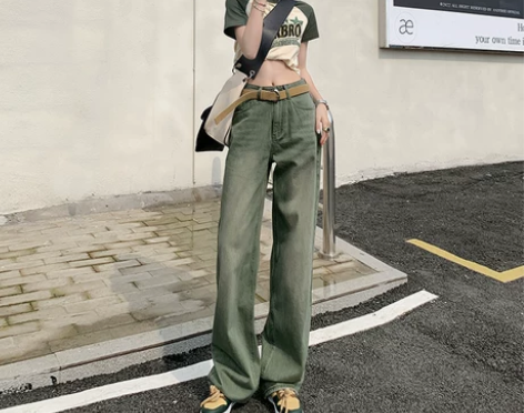 ZNZW军绿色阔腿牛仔裤女2022新款宽松...