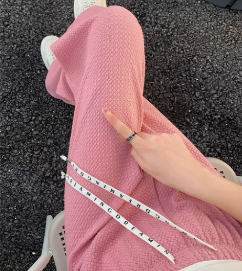 粉色云朵泡芙阔腿裤 高腰垂感直筒 拖地裤 ...