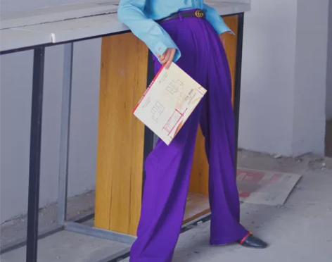 LORI原创复古欧美深紫色西装阔腿裤女高腰...