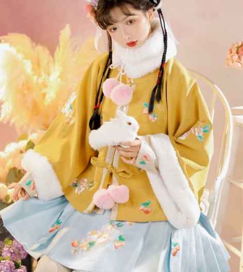 玉术汉服花开兔原创汉元素加厚方领半袖披袄明...