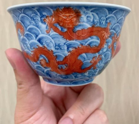 一儒堂 海水 矾红 三龙杯，全新转手，有窑...
