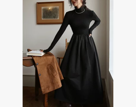 法式裙 黑裙法式针织连衣裙女秋冬复古高领小...