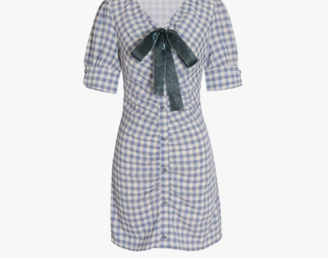 夏季法式少女蝴蝶结格纹泡泡袖收腰显瘦V领连...