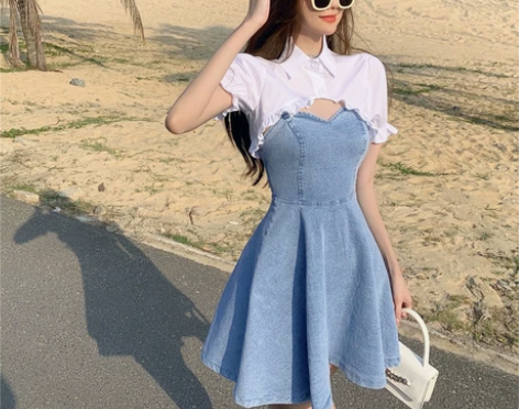 吊带牛仔裙秋季新款港风辣妹减龄法式收腰a字...