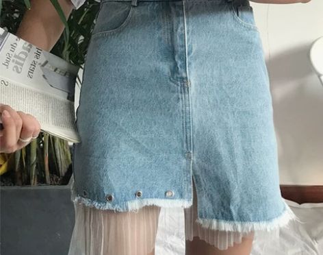 夏装女装韩版个性网纱拼接高腰A字裙毛边牛仔...