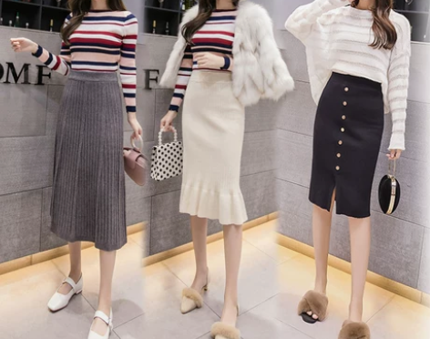 针织半身裙女秋冬季2019新款春韩版开叉百...