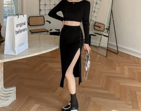 天姿优雅港风开叉半身裙纽扣套装女短款修身长...