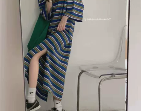 港风chic复古条纹短袖连衣裙女夏季韩版宽...