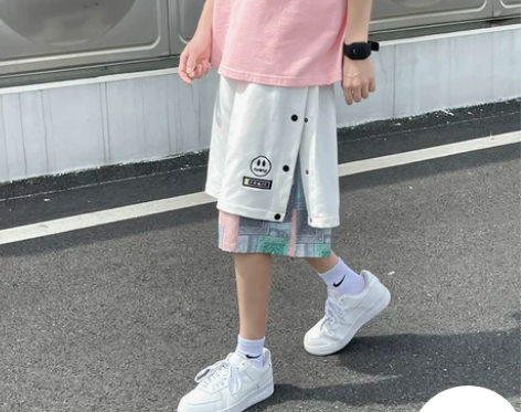 腰果花排扣短裤男潮流大码宽松休闲中裤运动夏...