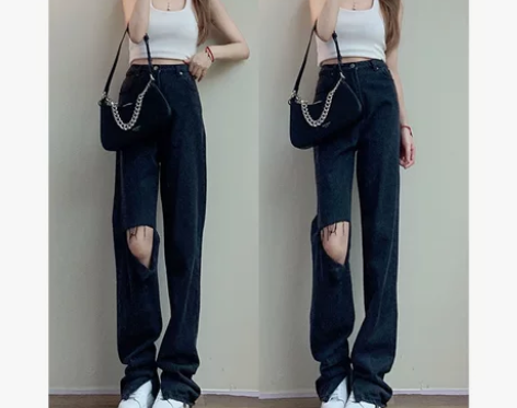 黑色破洞牛仔裤女潮高街2022夏季新款高腰...