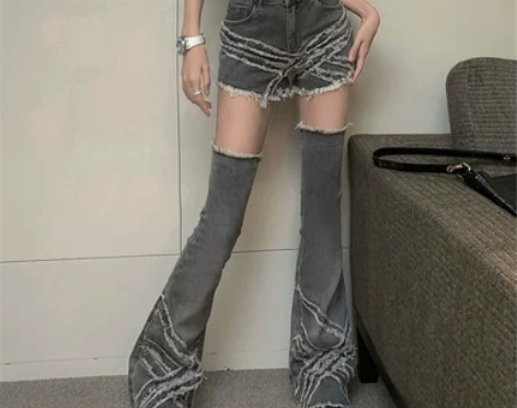 灰色毛边流苏牛仔裤女夏季直筒高腰显瘦微喇叭...