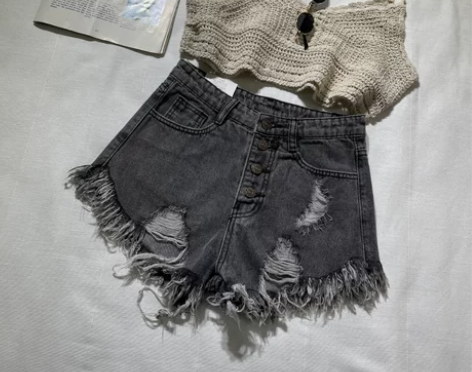 高腰排扣破洞牛仔短裤女毛边2022夏学生宽...