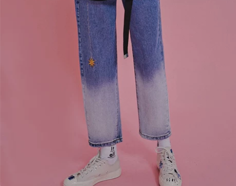 直筒高腰刺绣渐变牛仔裤宽松女韩版学生百搭初...