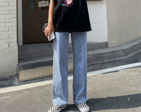 高腰阔腿裤牛仔裤女春装2021年新款显瘦宽...