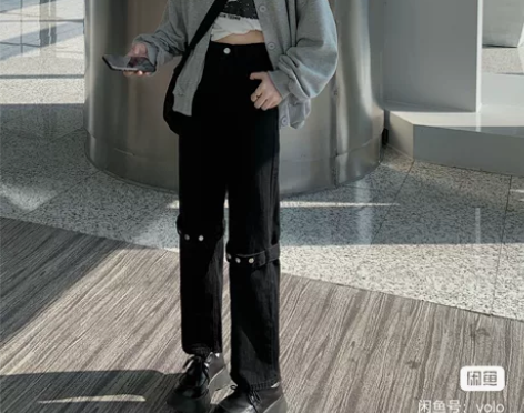 高街感原宿牛仔裤女夏季新款高腰直筒裤黑色阔...